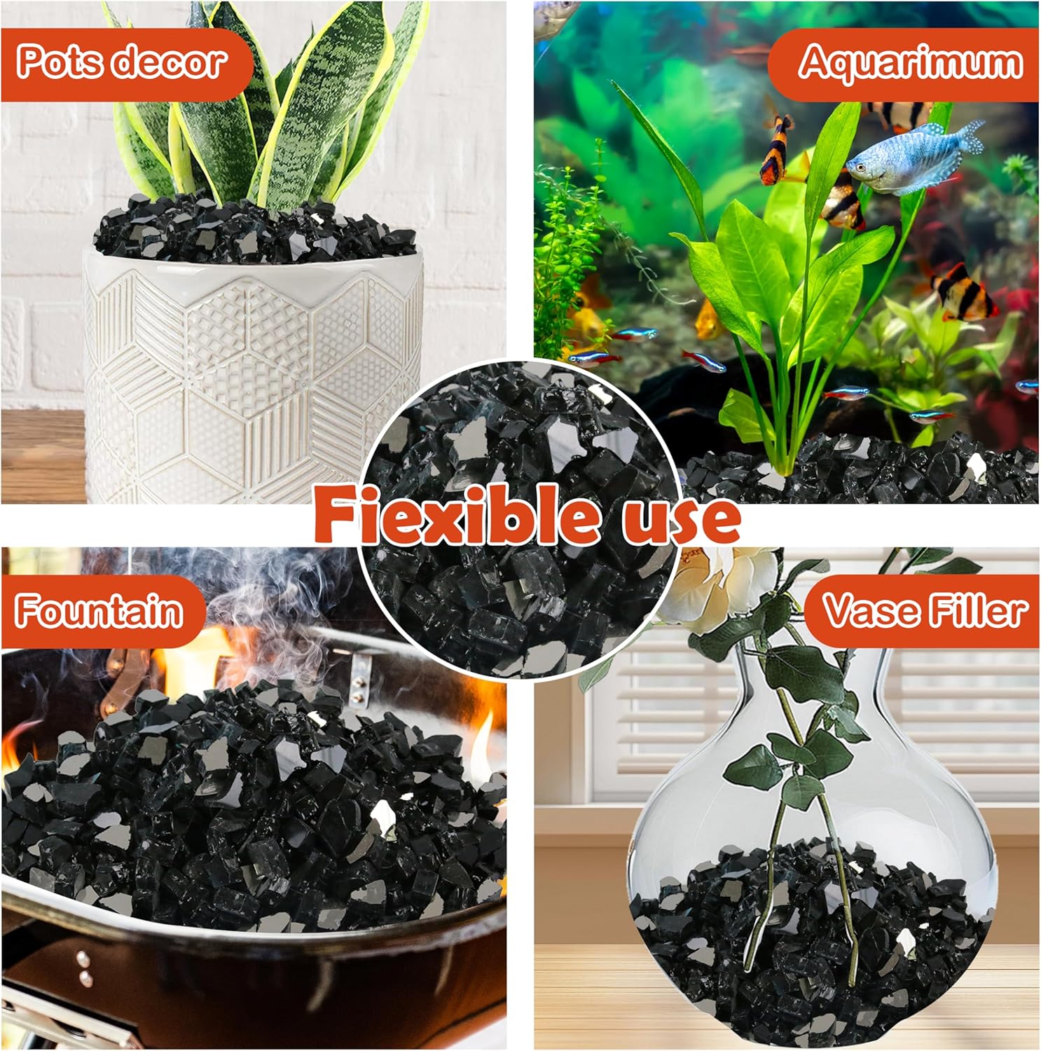 Sunnyglade 18-Pound Fire Glass - 1/2 inch, High Luster Reflective Tempered Glass Rocks for Fireplace, Fireglass for Fireplace Fire Pit, Safe for Outdoors and Indoors Firepit Glass (Black, 18 Pounds)