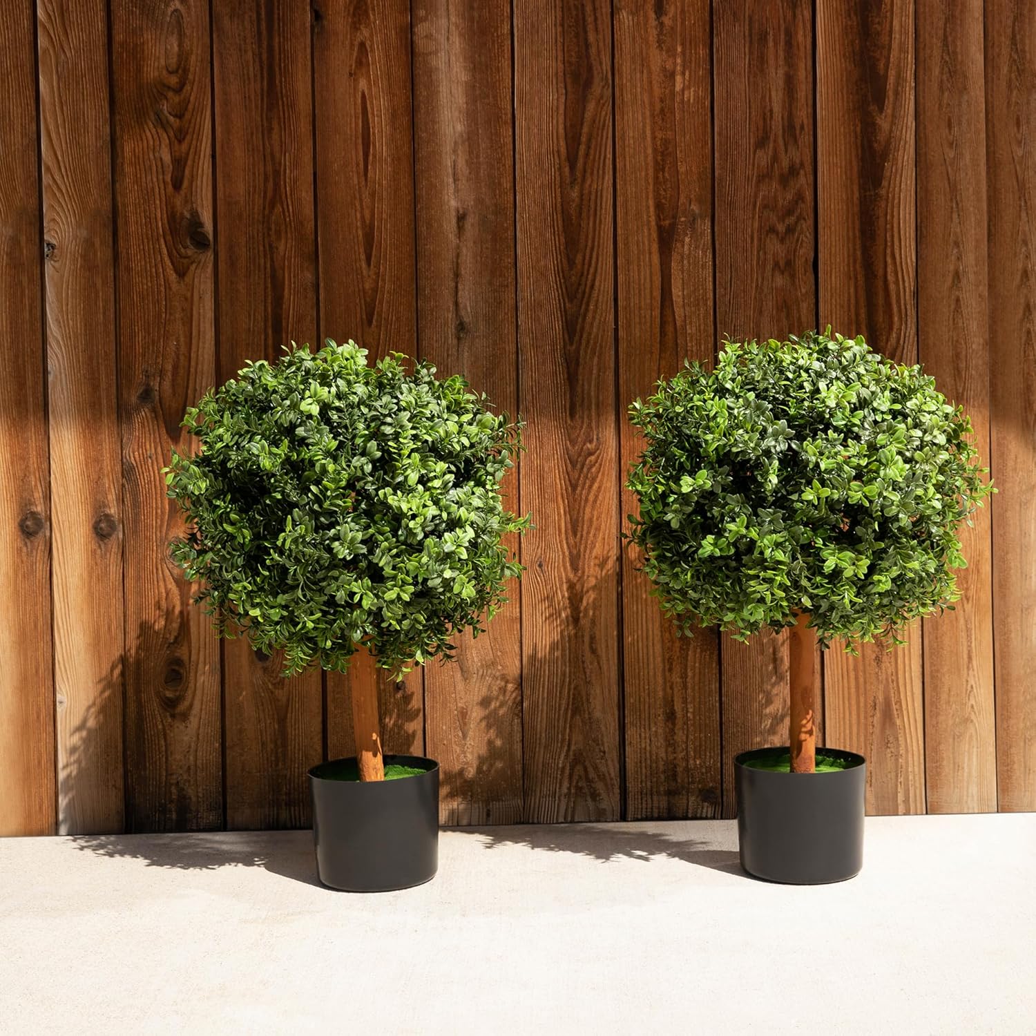 DRAY 14" Diameter Artificial Boxwood Topiary – Set of 2 Faux Plants in Black Decorative Planters – UV-Resistant, Weatherproof, Realistic Outdoor & Indoor Greenery Accent
