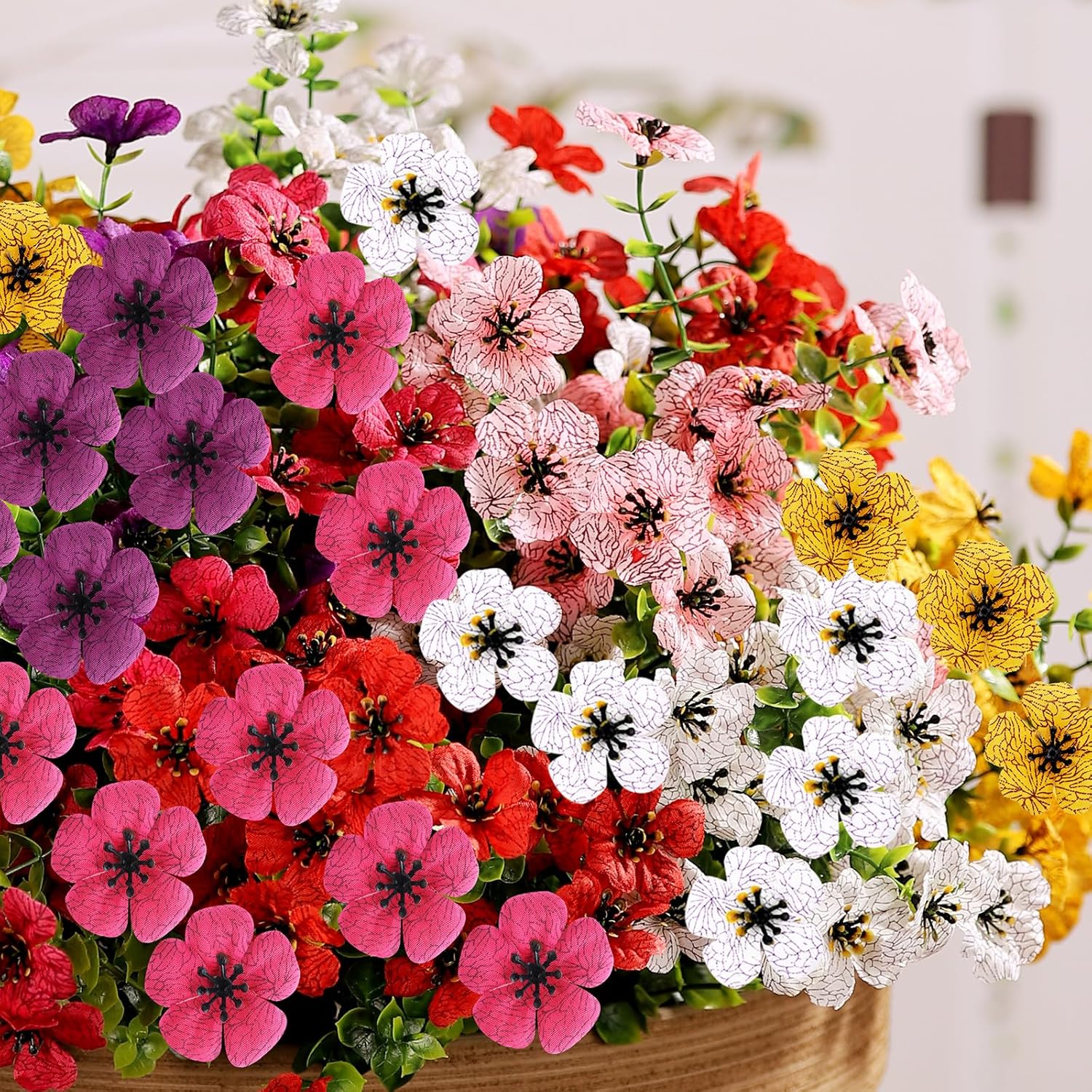 14 Bundles Artificial Flowers UV Resistant for Patio Outdoors Fake Faux Silk Plants Realistic Plastic Flowers Indoors Porch Window Home Decoration (14, Mixed Fuchsia Yellow Pink White)