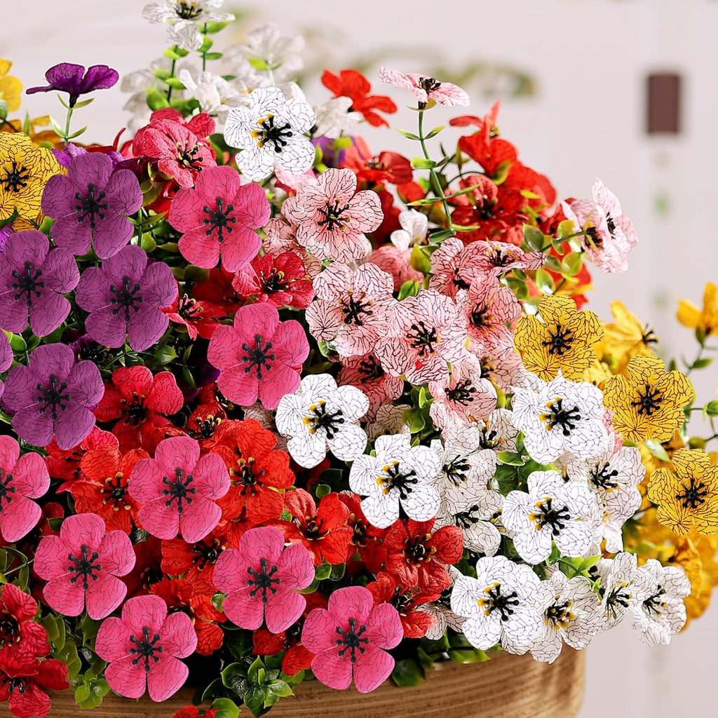 14 Bundles Artificial Flowers UV Resistant for Patio Outdoors Fake Faux Silk Plants Realistic Plastic Flowers Indoors Porch Window Home Decoration (14, Mixed Fuchsia Purple Yellow Red)