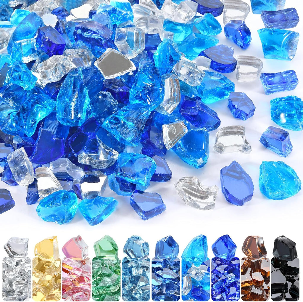 GasSaf 1/2 Inch Fire Glass Reflective Tempered Fireglass Cut Crushed FireGlass for Fire Pit, Fireplace, Replaces Existing Gas Logs(10 Pound)(Cobalt/Caribbean Blue, Crystal Ice Reflective)