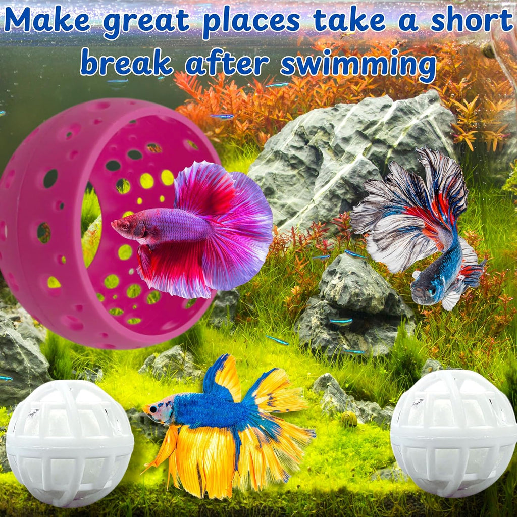 Betta Hideout Resting Spot with Filter Ball, Betta Fish Hides and Nitrifying Balls, Hammock Float Aquarium Accessories, Aquatic Tunnel with Suction Cups, Fish Tank Decorations, Aquarium Decor (Pink)