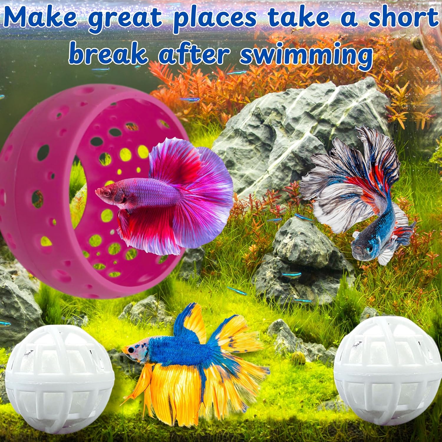 Betta Hideout Resting Spot with Filter Ball, Betta Fish Hides and Nitrifying Balls, Hammock Float Aquarium Accessories, Aquatic Tunnel with Suction Cups, Fish Tank Decorations, Aquarium Decor (Pink)