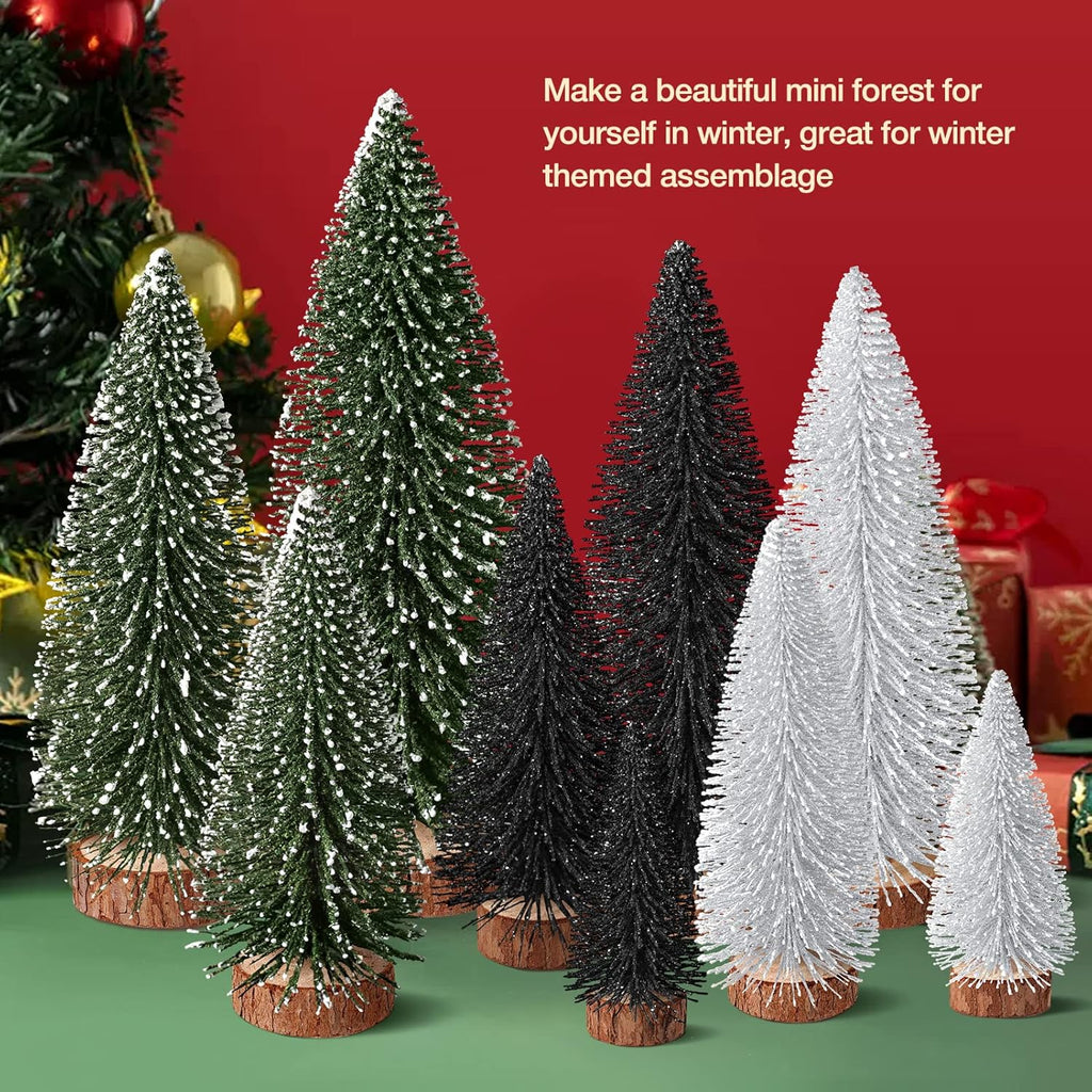 9Pcs Mini Christmas Trees Christmas Decor Artificial Christmas Decorations with 4 Sizes, Christmas Tree Bottle Brush Trees Christmas Table Decorations (Green Silver Black)