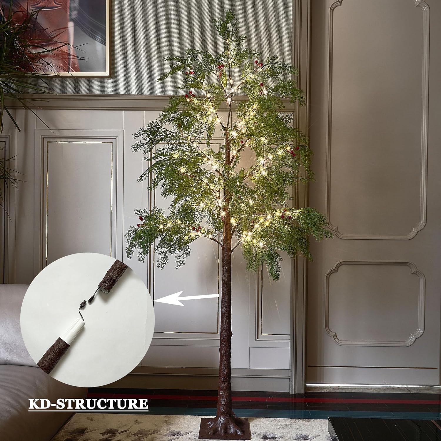 Hairui Pre Lit Christmas Pine Tree 195 Fairy Lights 6FT Plug in, Lighted Faux Cypress Tree with Red Berry for Indoor Outdoor Home and Holiday Decoration