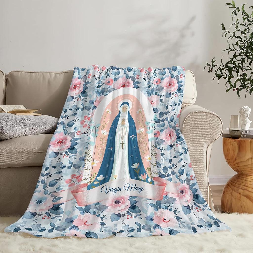 Virgin Mary Throw Blanket Christian Religious Scripture Catholic Spiritual Stuff Gifts for Adults Women Soft Cozy Warm Plush Fluffy Fuzzy Fleece Blanket Decor 60''X80''