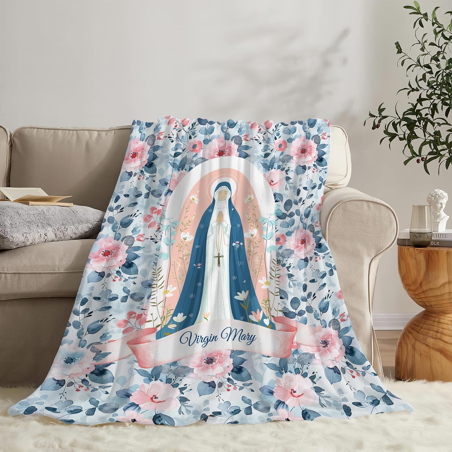 Virgin Mary Throw Blanket Christian Religious Scripture Catholic Spiritual Stuff Gifts for Adults Women Soft Cozy Warm Plush Fluffy Fuzzy Fleece Blanket Decor 60''X80''