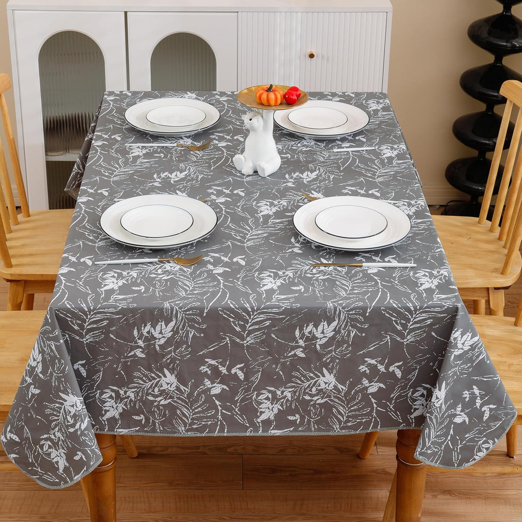Walrus Heavy Duty Vinyl Tablecloth with Flannel Backing Waterproof Oil-Proof Plastic Table Cloth Stain-Resistant Wipeable Rectangle or Square Table Cover for Indoor and Outdoor (Grey Leaf,52x70 Inch)