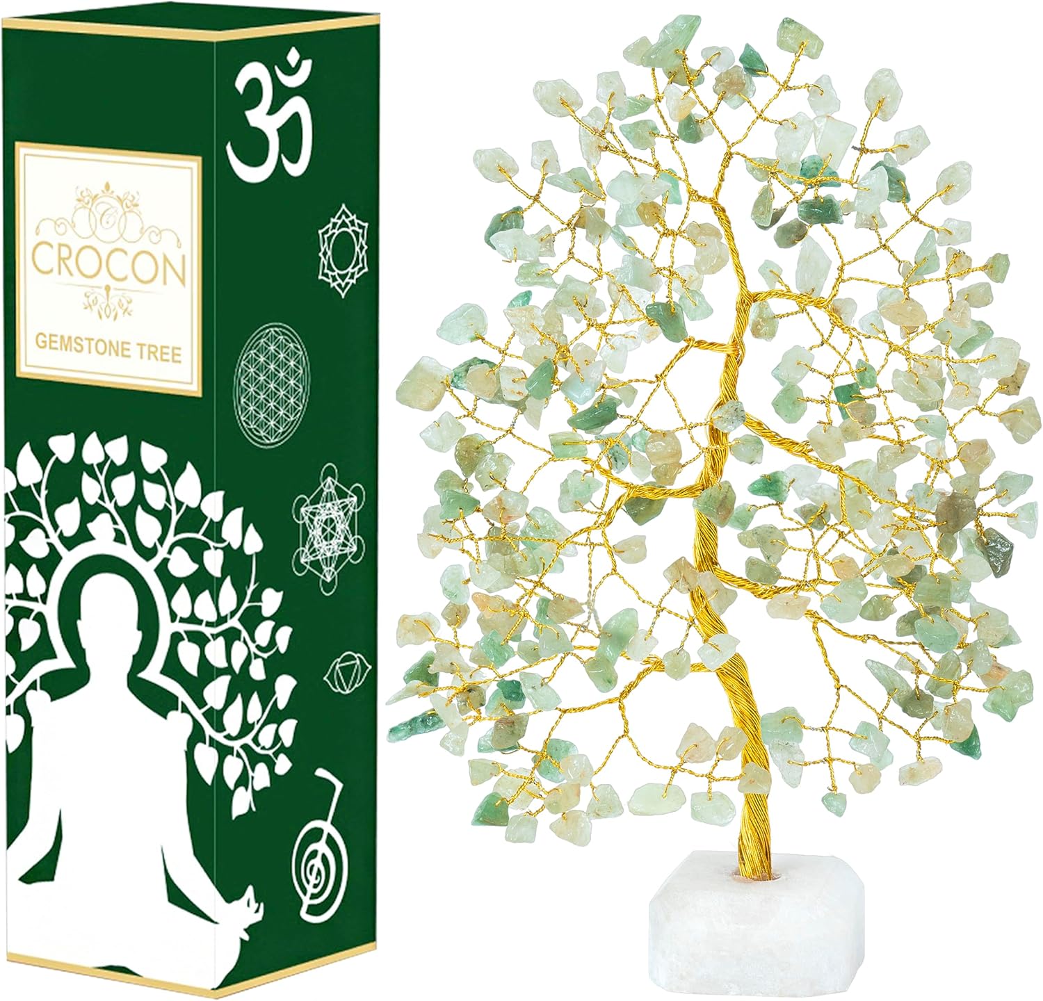 Crocon Green Jade Gemstone Tree with Natural Quartz Base Chakra Healing Crystal Tree of Life Feng Shui Money Bonsai Handmade Gemstone Tree Ornament Figurine Wealth & Good Luck Gift 10-12'' (CTR072a)