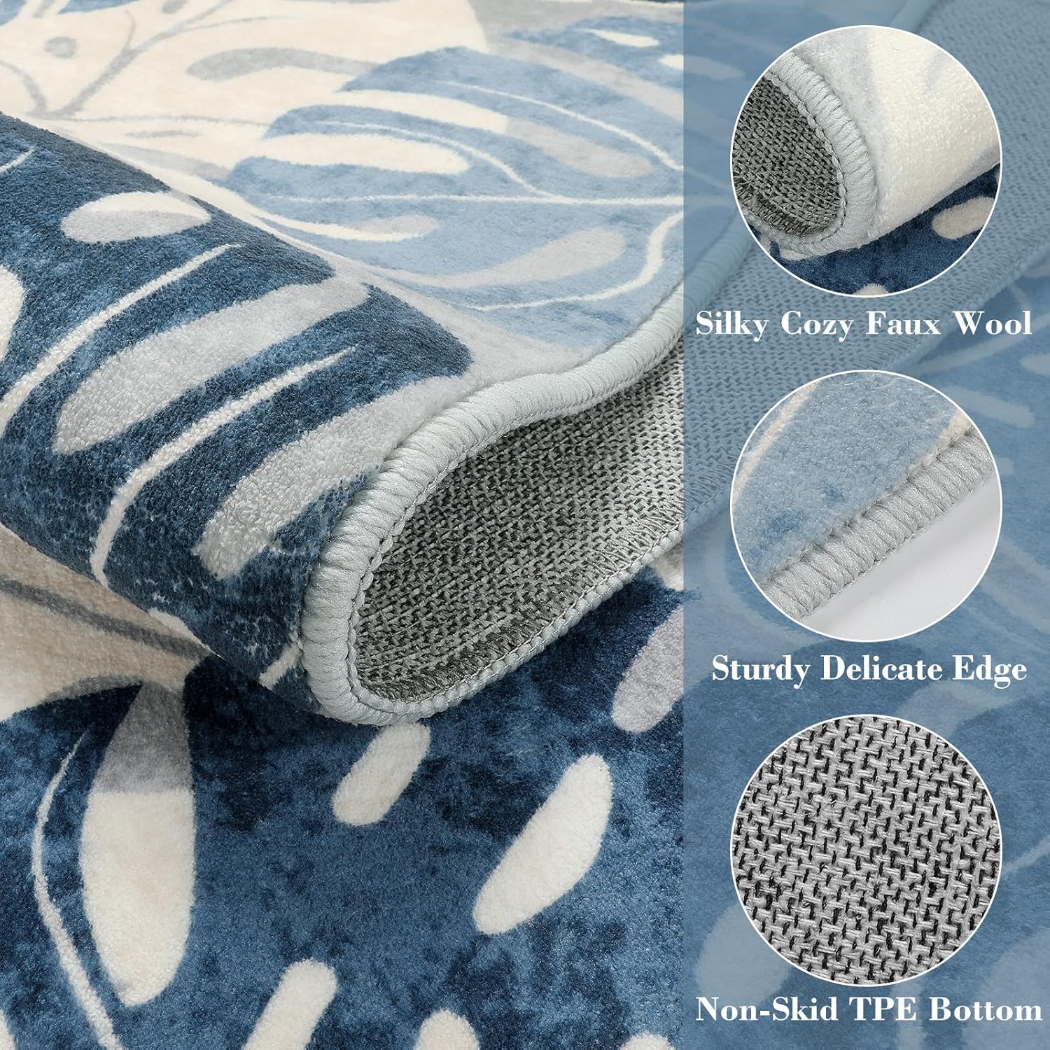 Wonnitar Tropical Washable 3x5 Entry Rug, Leaf Blue Small Rugs for Bedroom, Botanical Non-Slip Living Room Carpet Low Pile Indoor Floor Carpet for Mud Room Dining Table Doorway