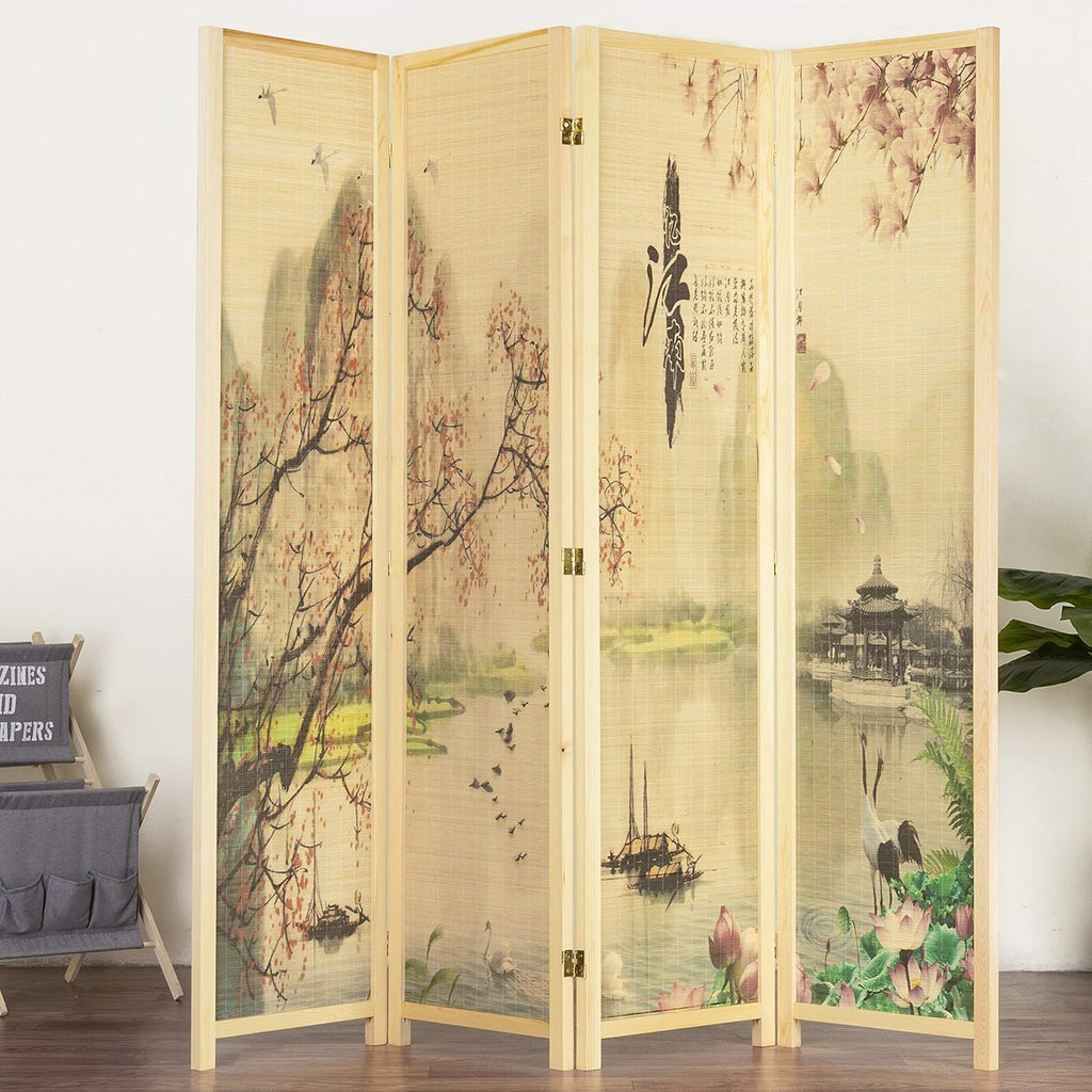 MyGift 4-Panel Folding Bamboo Room Divider Asian-Inspired Cherry Blossom Scene, 6 FT Freestanding Floral Artwork Room Partitioner with Beige Wood Frame