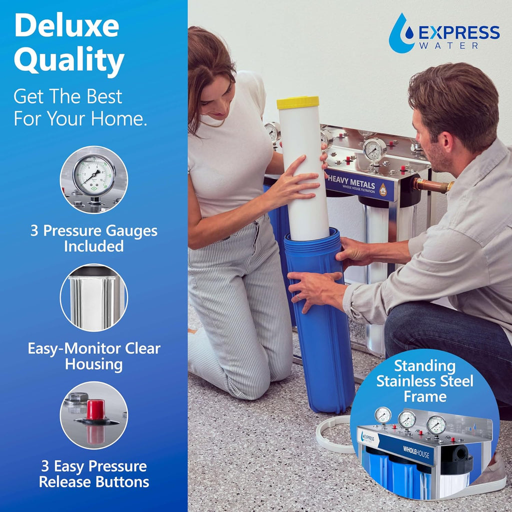 Whole House Water Filter System| HEAVY METAL| 3 Stage Water Purifier Whole Home, Top-Tier Heavy Metal Filter Produces Overachieving H2O, Specially Targets Lead, Arsenic, Chromium, Reduces Chlorine