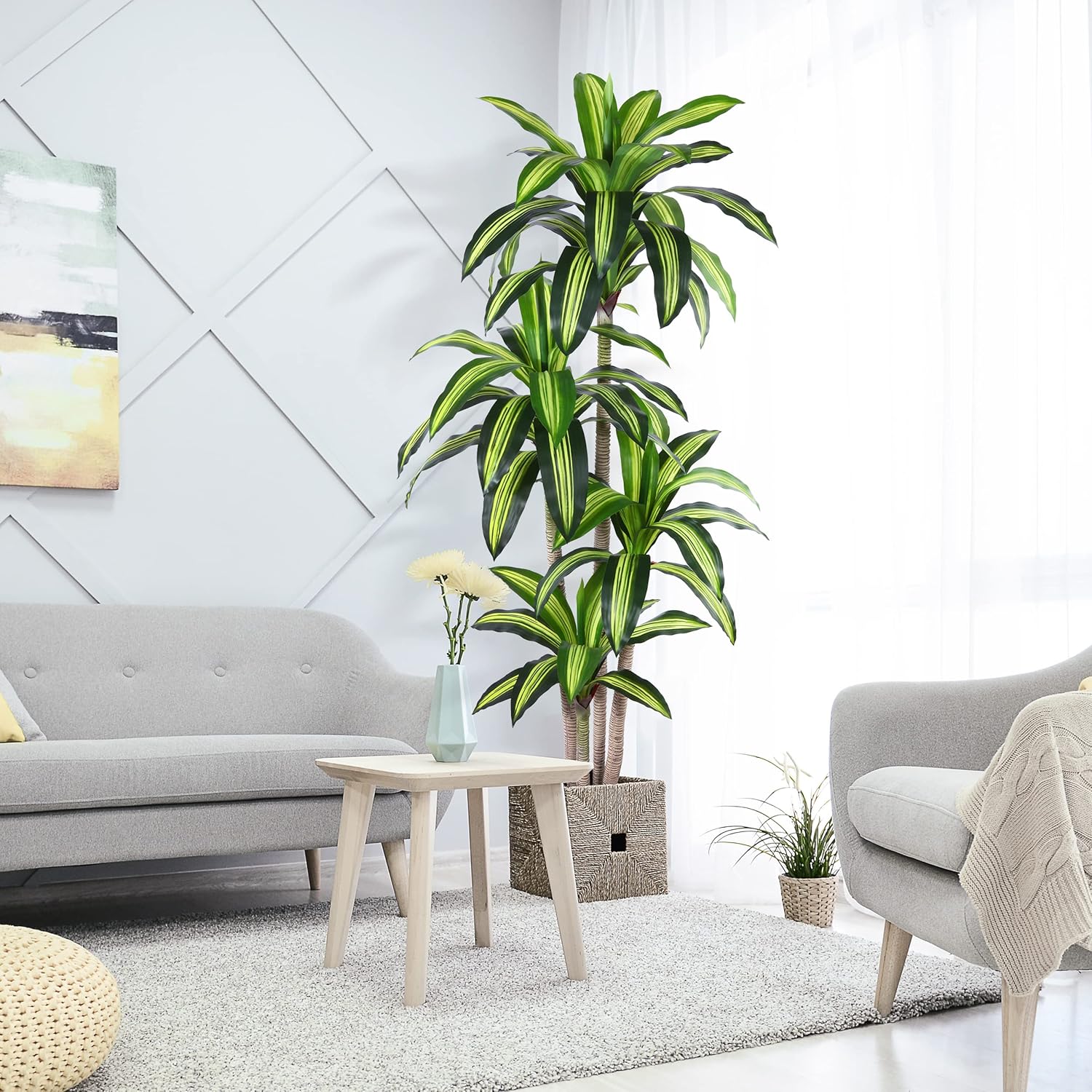 Artificial Plants, 6 Ft Dracaena Tree Faux Plants Indoor Outdoor Decor Fake Tree with Woven Seagrass Basket Plants for Home Decor Office Living Room Porch Patio Housewarming
