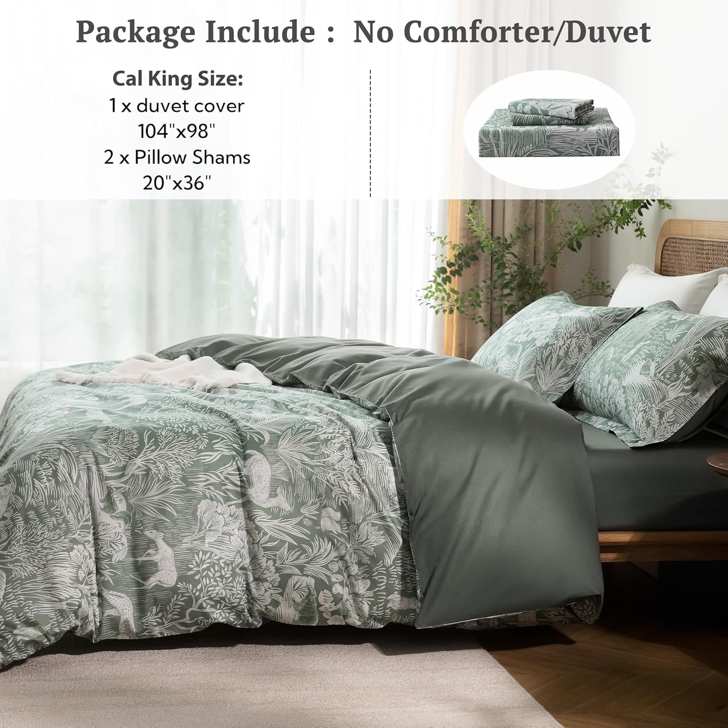 MILDLY Cal King Size Duvet Cover Set 100% Long-Staple Cotton Luxury Green Floral Patten Reversible Comforter Cover Set 3Pcs