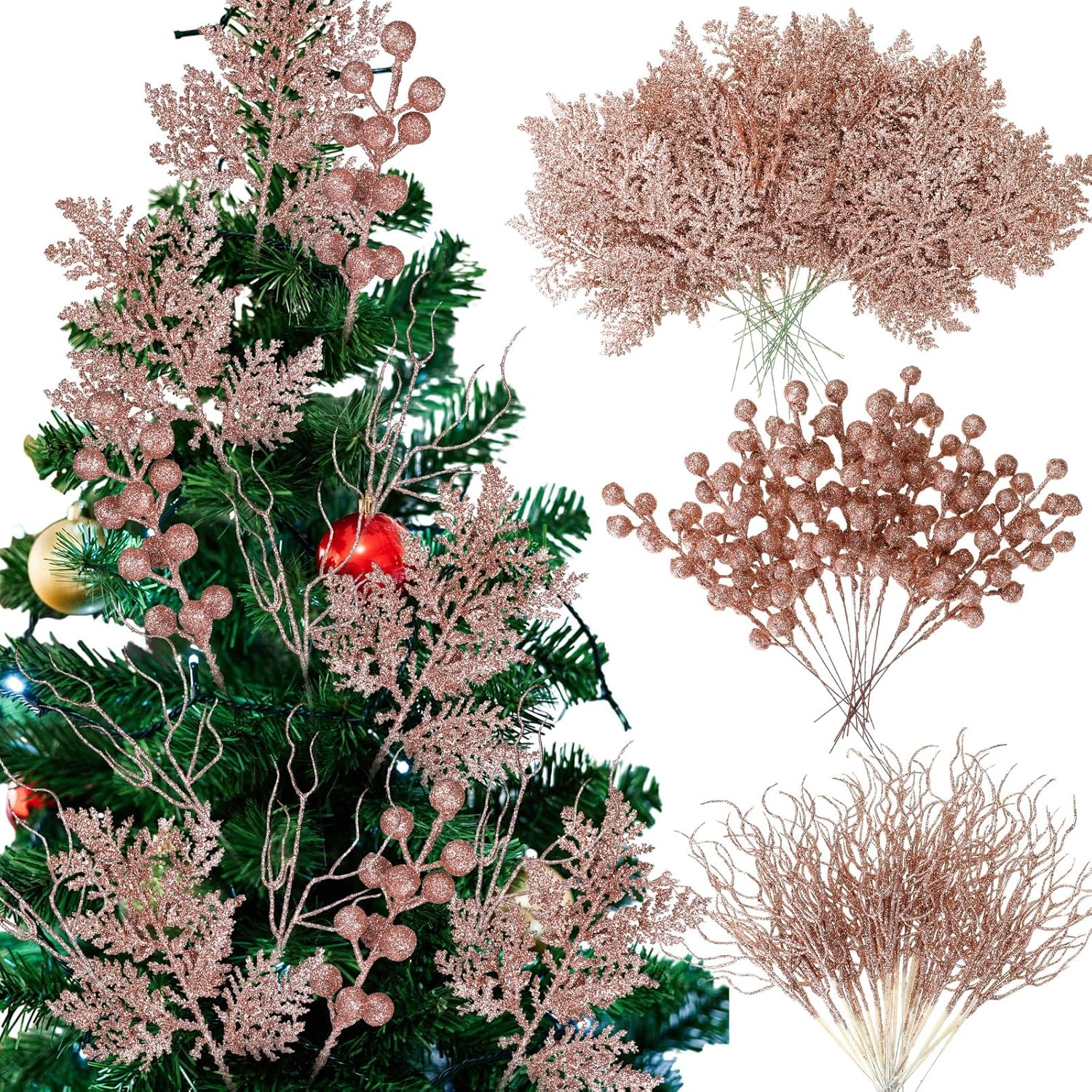 75 Pcs Christmas Glitter Branches 3 Styles Artificial Christmas Picks Berries Stems Pine Needles Floral Twig Spray for Xmas Tree Ornaments DIY Wreath Garland(Rose Gold)