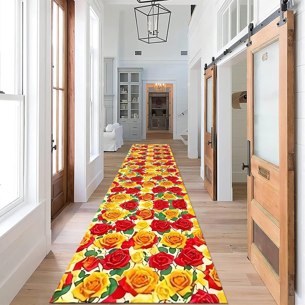 Romantic Rose Flower Rugs for Living Room, 3.3x7ft, Red Yellow Flower Plant Hallway Carpet, Low Pile Non-Shedding Easy Clean Fade Resistant with Non Slip Backing Mats for Indoor Bedside