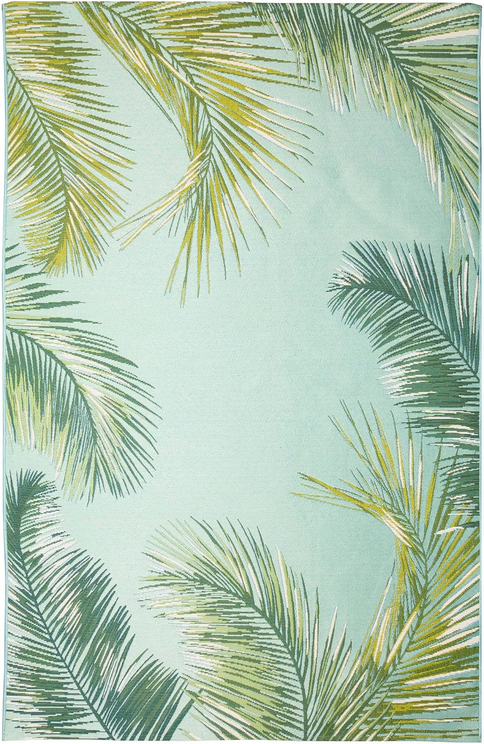 Liora Manne Marina Indoor/Outdoor Power Loomed Synthetic Blend Low Profile Area Rug - Transitional Border Botanical Beach Colorful (Palm Border Aqua) (4'10" x 7'6")