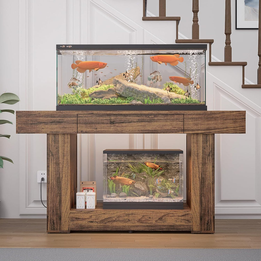 55–75 Gallon Aquarium Stand, Heavy Duty Fish Tank Stand for Turtle, Reptile & Amphibians, MDF Board Tabletop with Drawer & Power Outlet, Reinforced Metal Tube Frame for Terrariums,Rustic Brown