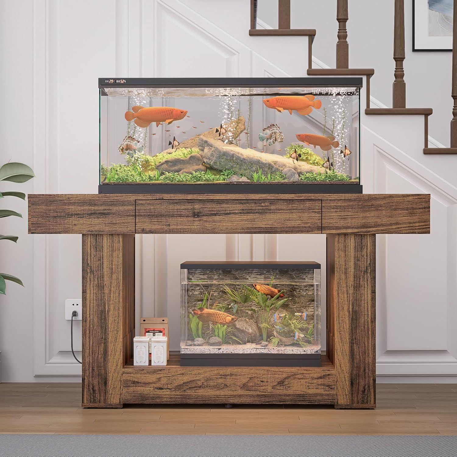 55–75 Gallon Aquarium Stand, Heavy Duty Fish Tank Stand for Turtle, Reptile & Amphibians, MDF Board Tabletop with Drawer & Power Outlet, Reinforced Metal Tube Frame for Terrariums,Rustic Brown