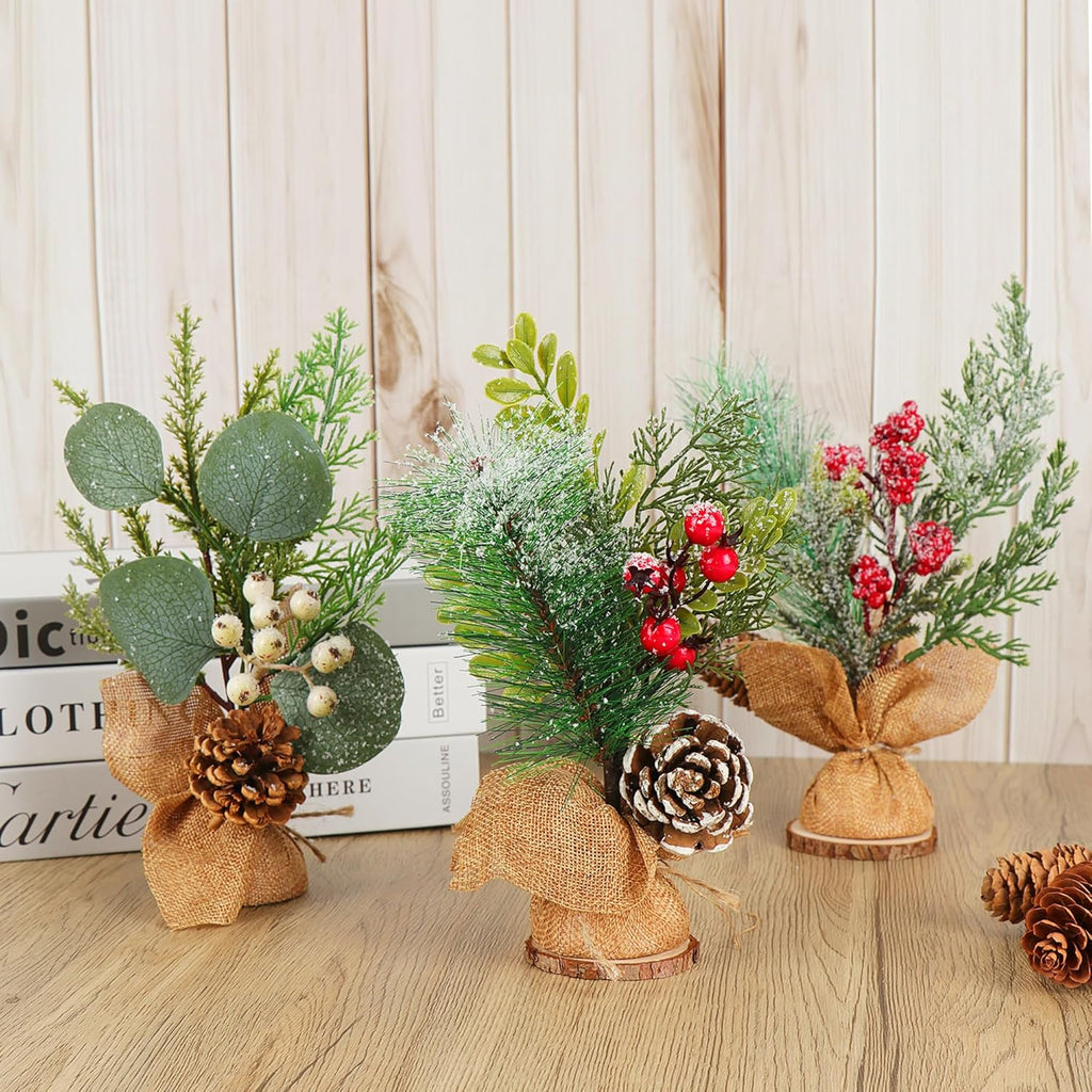 6 PCS Rustic Mini Christmas Tree Tabletop Set, Mixed Green Leaves, Red Berries and Pine Cones, 9 inch Artificial Trees with Burlap Bases, Ideal for Holiday Home Office Table Centerpiece