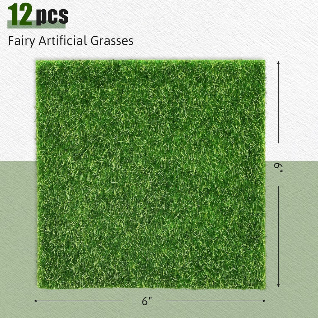 Shindel 12 Packs Fake Grass Decor for Crafts, 6" x 6" Fairy Artificial Grass for Miniature Garden, Dollhouse Ornament DIY Decoration