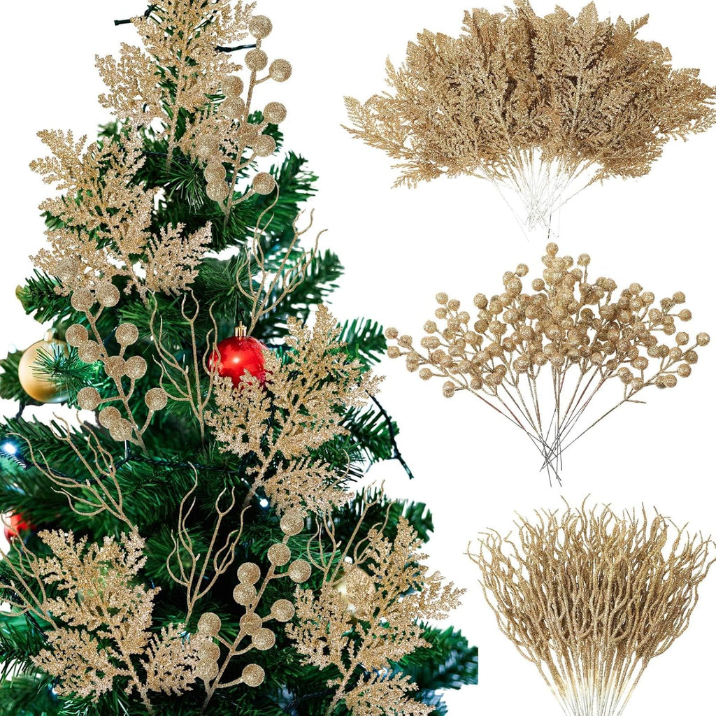 75 Pcs Christmas Glitter Branches 3 Styles Artificial Christmas Picks Berries Stems Pine Needles Floral Twig Spray for Xmas Tree Ornaments DIY Wreath Garland(Light Gold)