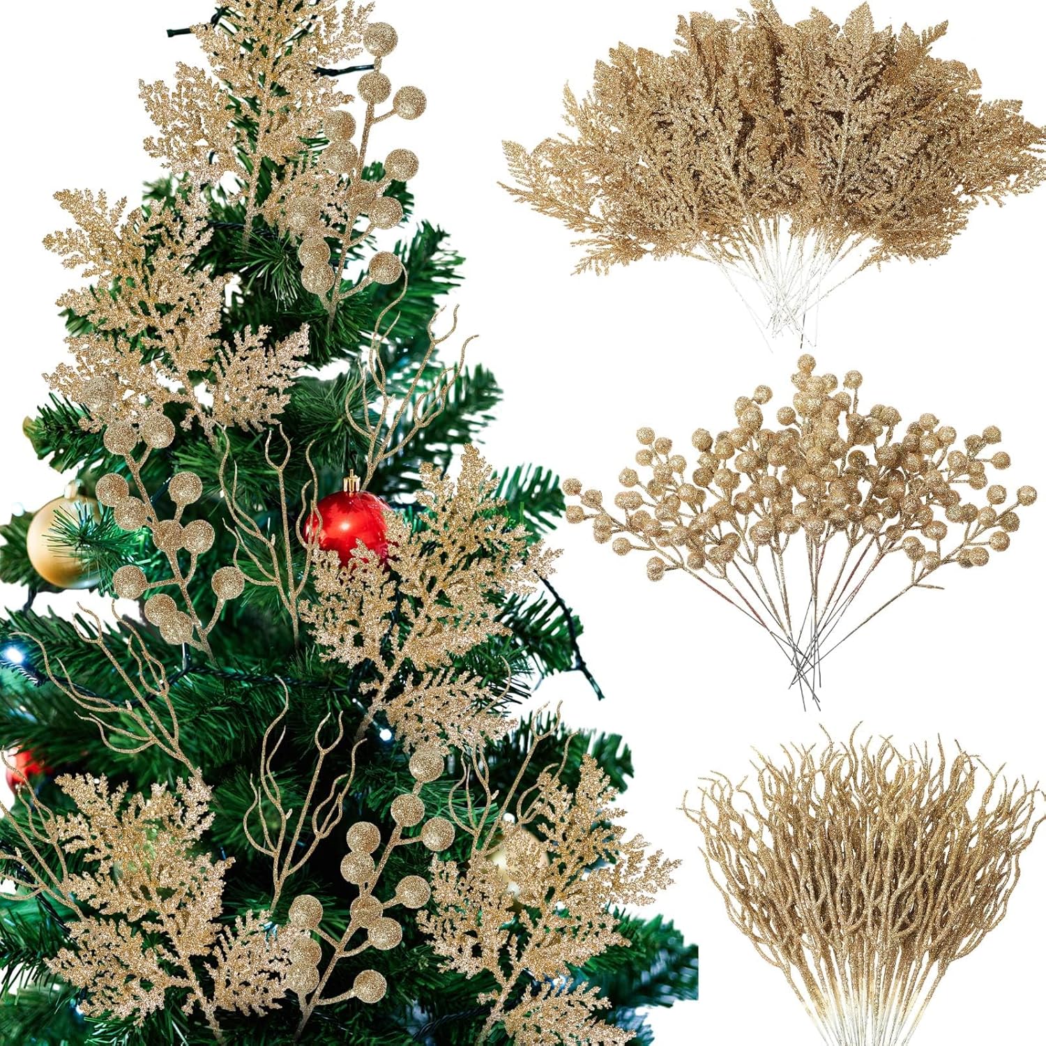 75 Pcs Christmas Glitter Branches 3 Styles Artificial Christmas Picks Berries Stems Pine Needles Floral Twig Spray for Xmas Tree Ornaments DIY Wreath Garland(Light Gold)