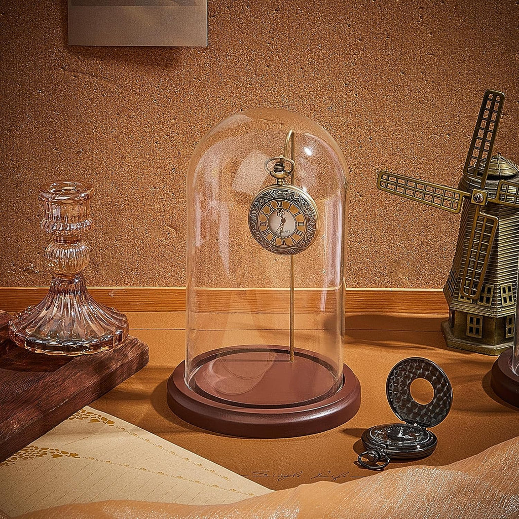 2 Pcs Pocket Watch Glass Display with Hooks Dome Cloche with Wood Base Decorative Glass Display Dome Showcase for Watch Plants Medals Photos Collectibles Dark MDF Base(4" X 7",Gold Hook)