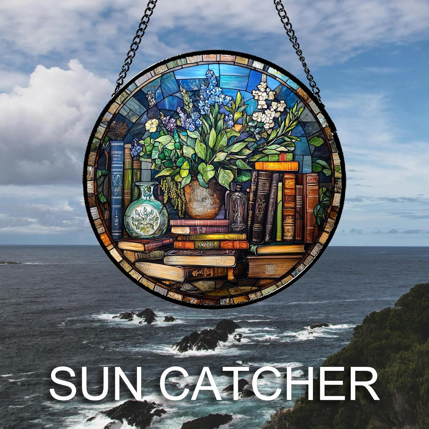 Stained Glass Window Hanging Teal Flower Vintage Books Large 11.8" - Blue Suncatcher Door Garden Sun Catcher Home Decor Birthday Christmas for Mom Men Woman Nana Friend