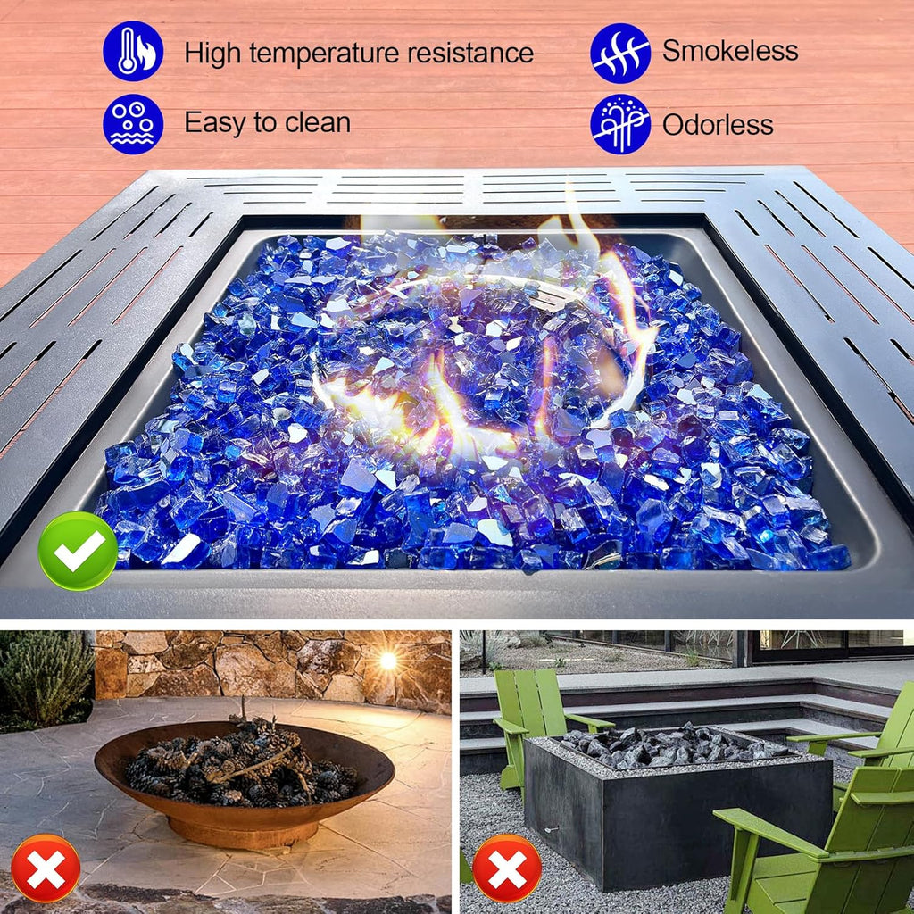 GasSaf 1/2 Inch Fire Glass Reflective Tempered Fireglass Cut Crushed FireGlass for Fire Pit, Fireplace, Replaces Existing Gas Logs & Lava Rocks (10 Pound)(Cobalt Blue Reflective)