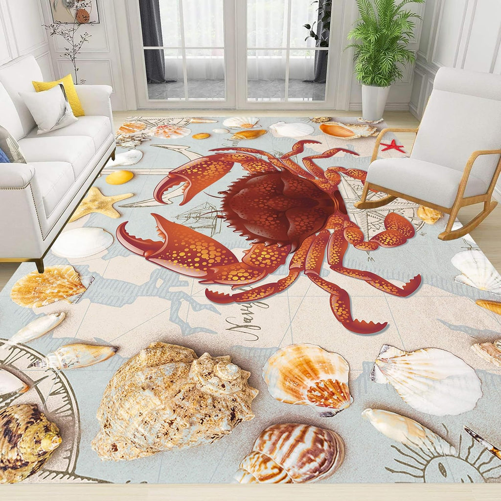 Nautical Theme Area Carpets, 6x8ft, Ocean Crab Shell Floor Rugs, Vintage Compass Anchor Printed Carpets, Machine Washable Foldable Easy-Clean Mats for Dining Room Runners