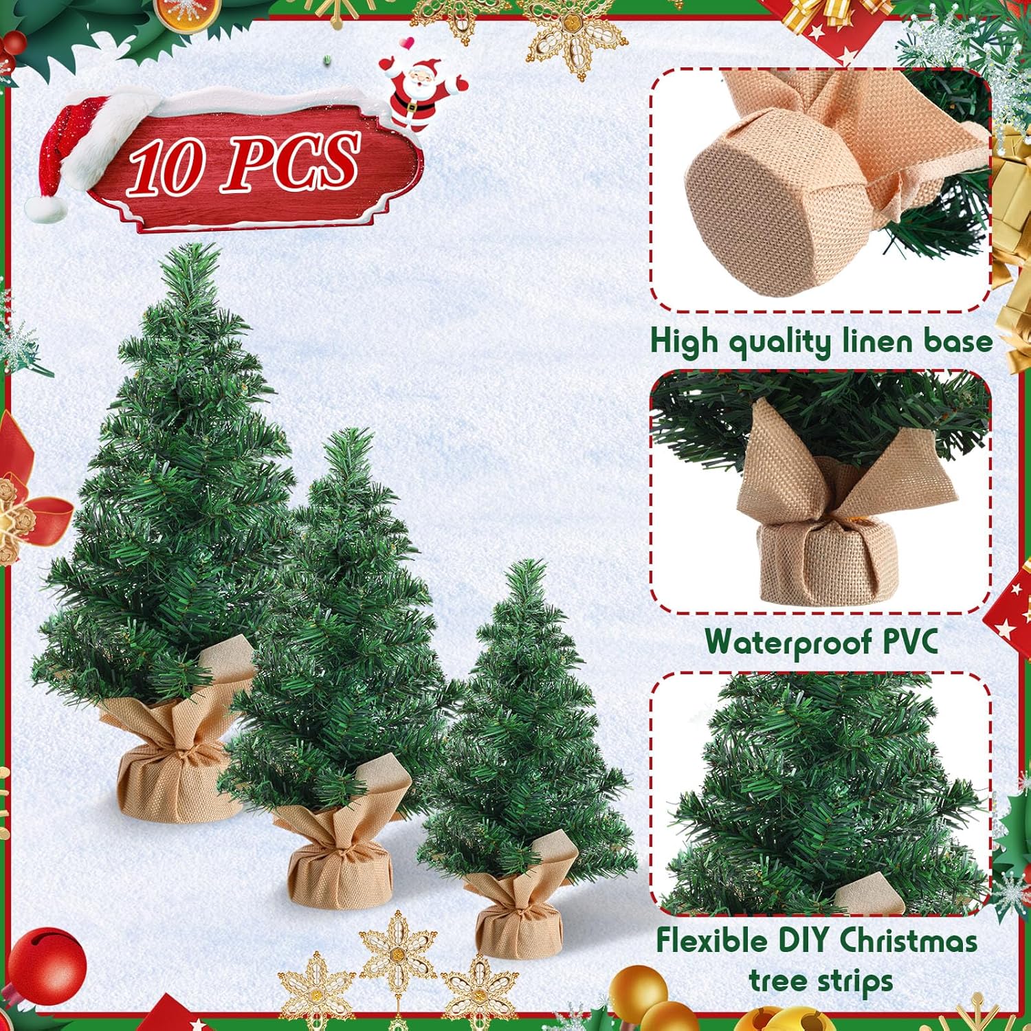 Libima 10 Pieces Tabletop Mini Christmas Tree 15.7" 11.8" 7.9" Artificial Green Xmas Pine Tree Christmas Decorations for Home Miniature Trees with Linen Base for Dining Kitchen Desk Home