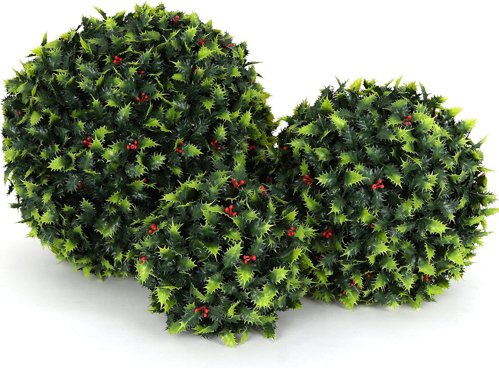 3rd Street Inn Holly Topiary Ball Assortment - 15", 11", 7" Artificial Topiary Plants - Wedding Decor - Indoor/Outdoor Artificial Plant Balls - Topiary Tree Substitute