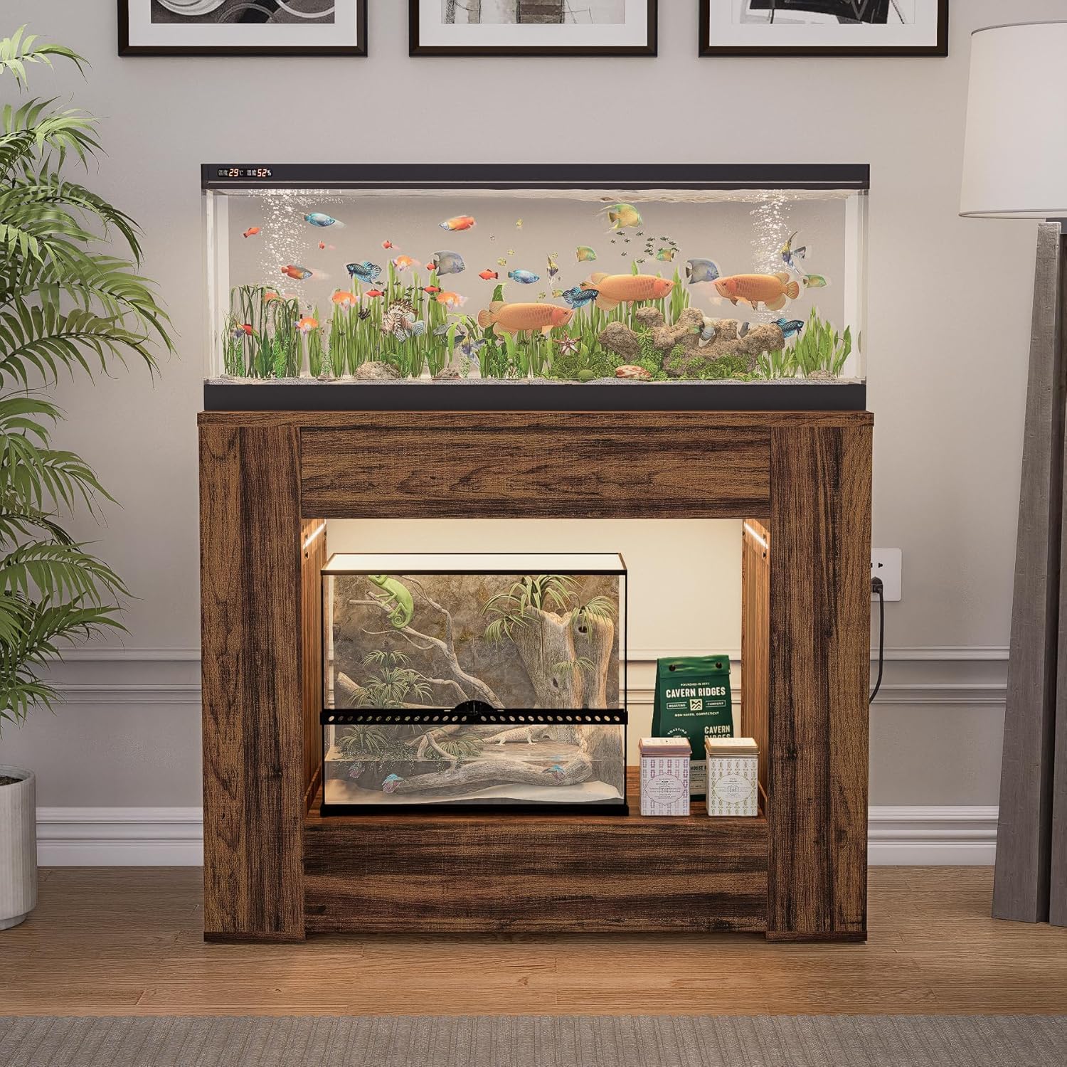 40-50 Gallon Aquarium Stand with Power Outlet,Led Light,Large Storage Drawer,Heavy Duty fish tank Stand for Turtle Tank, Turtle Reptile,Amphibians Terrarium,Rustic Brown