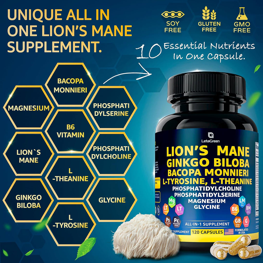 Organic Lions Mane Supplement Capsules - 120 Real Mushrooms Lion's Mane Capsules with Ginkgo Biloba Herb, Bacopa Monnieri, L Theanine, L Tyrosine - Mushroom Complex for Daily Wellness