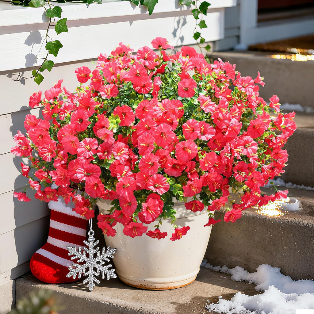 Fake Plants Artificial Flowers for Outdoor Outside Decor, 12 Bundles Faux Flowers Silk Hot Pink Morning Glory with Eucalyptus Look Real UV Resistant Faux Greenery for Planter Front Door Porch Patio
