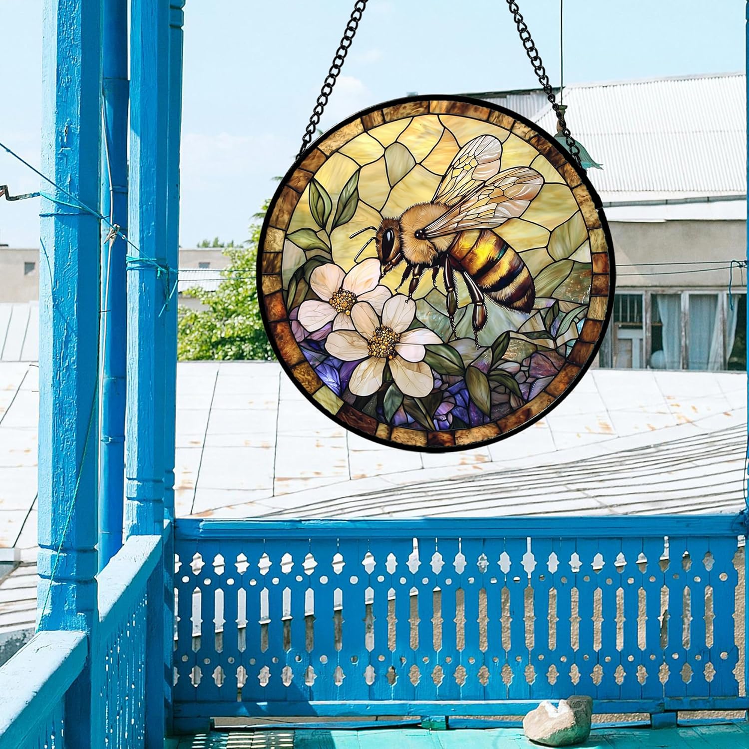 Stained Glass Window Hanging, Vintage Bee Yellow Flower Sun Catcher for Window Door Home Decor Suncatcher Christmas Mother's Day Birthday Gifts for Women Men Mom and Nana 11.8 in
