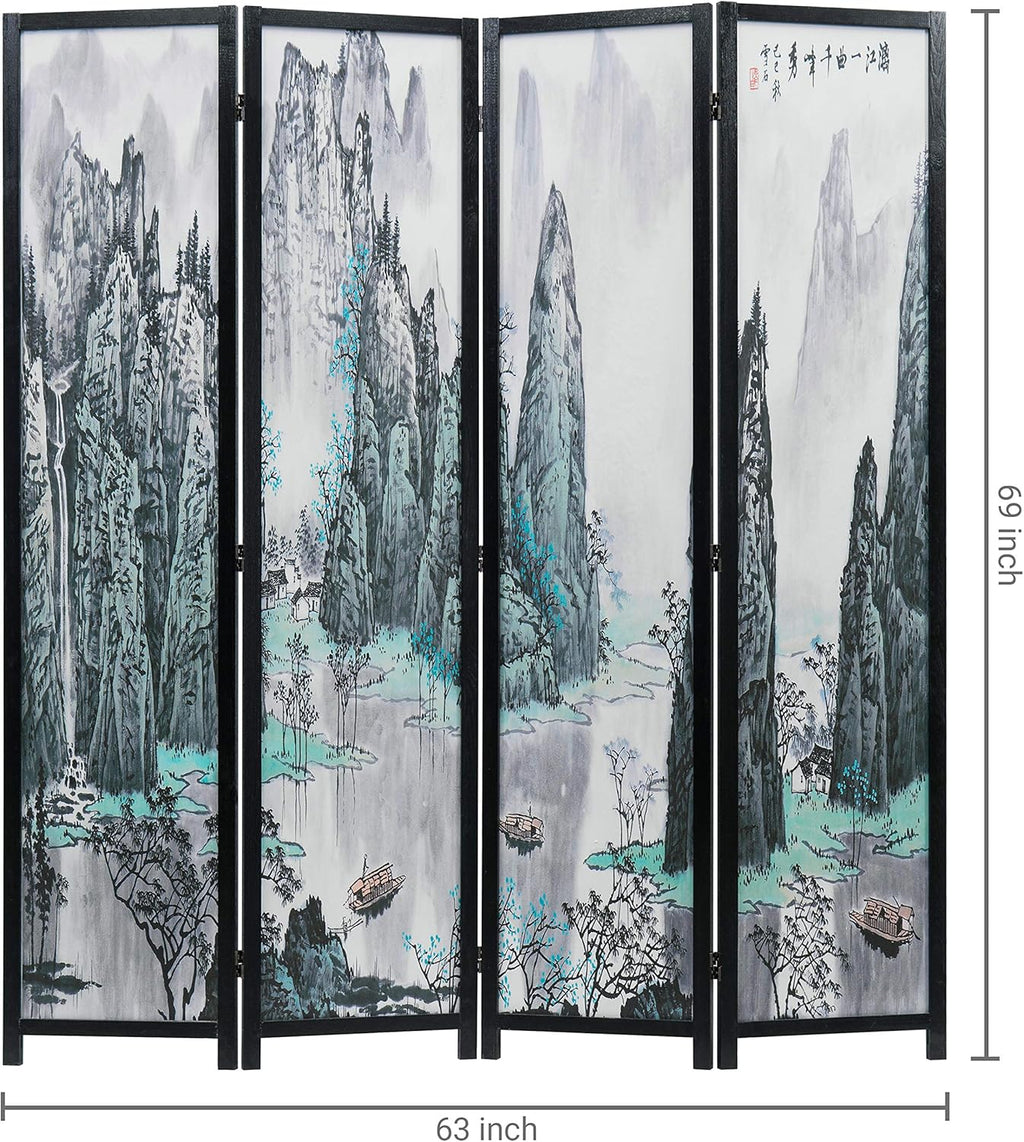 MyGift 4-Panel 6FT Folding Room Divider Asian Watercolor Oriental Landscape and Chinese Calligraphy Design with Freestanding Room Partitioner Screen with Black Wood Frame 63''W x 69''H