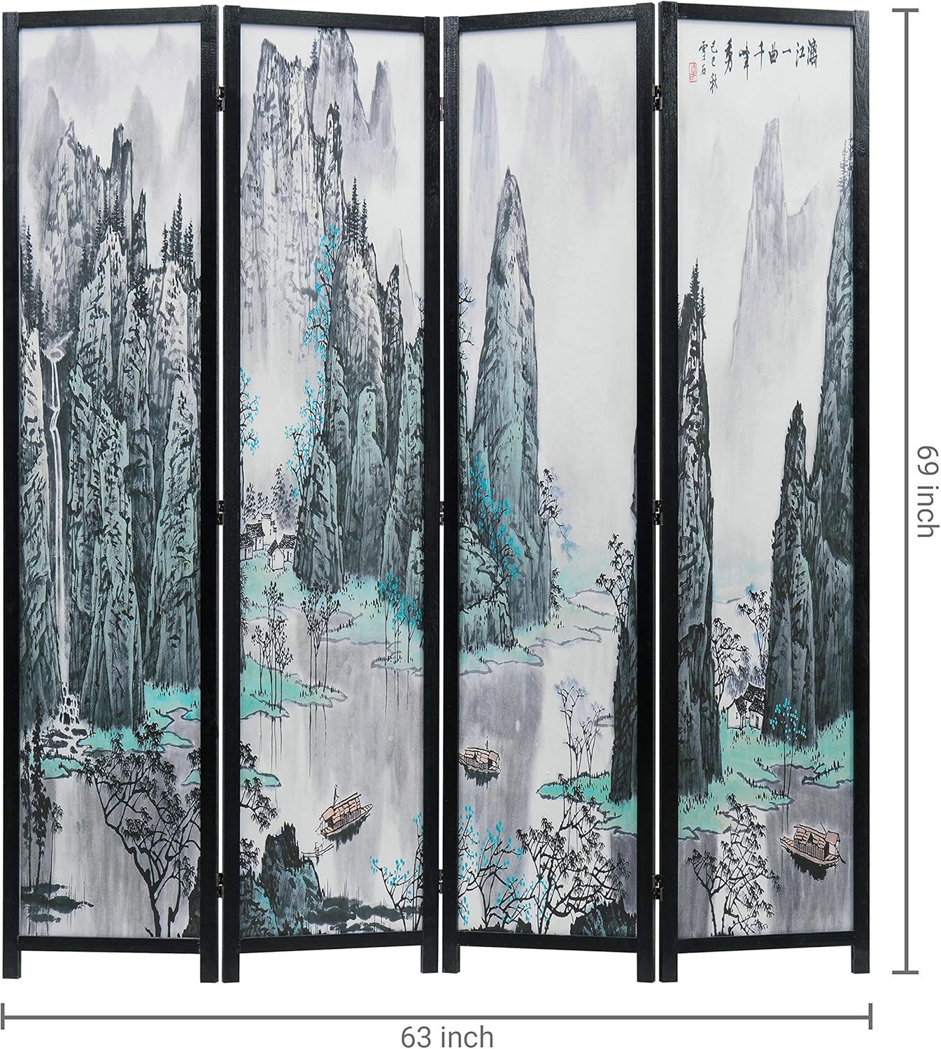 MyGift 4-Panel 6FT Folding Room Divider Asian Watercolor Oriental Landscape and Chinese Calligraphy Design with Freestanding Room Partitioner Screen with Black Wood Frame 63''W x 69''H