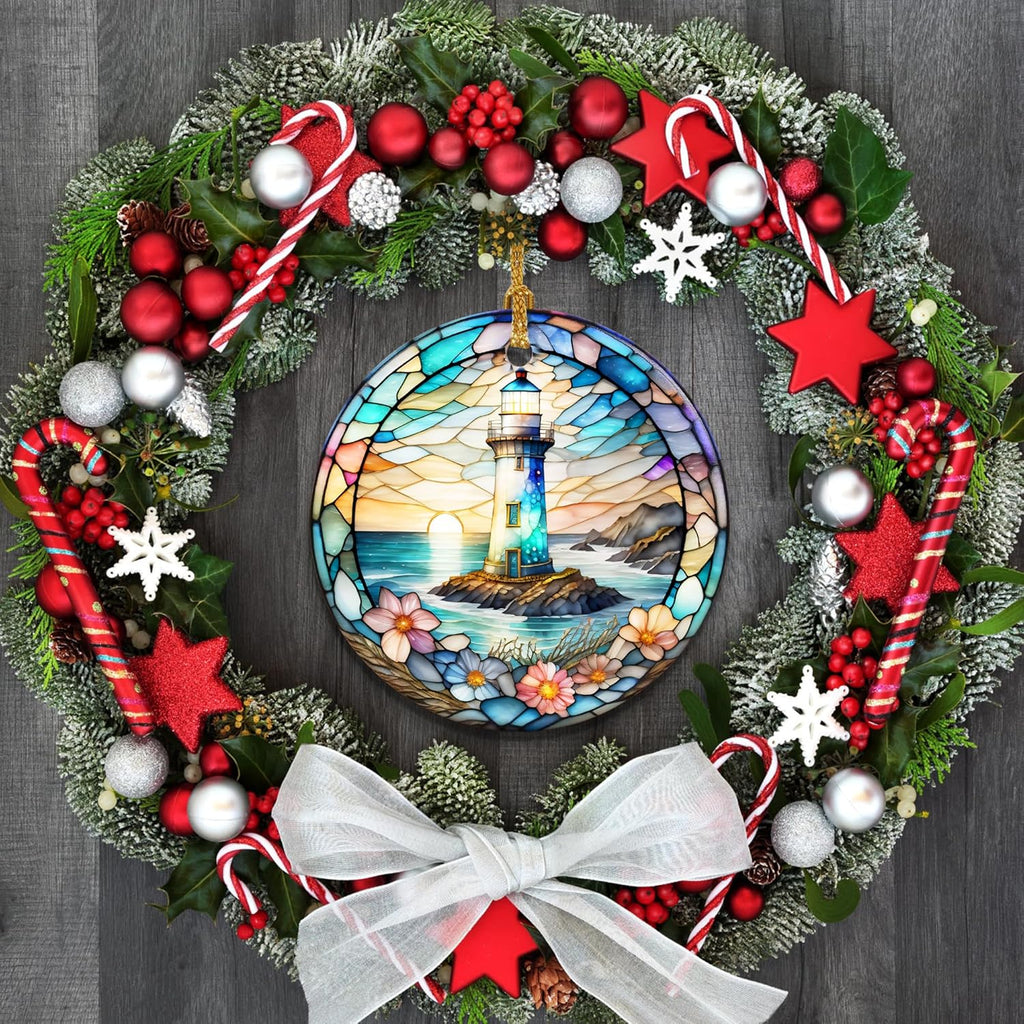 Stained Ceramic Lighthouse Ornament - Christmas Tree Ornaments - Christmas Decorations - Lighthouse Decor for Office, Room, Home - Holiday Present Ideas