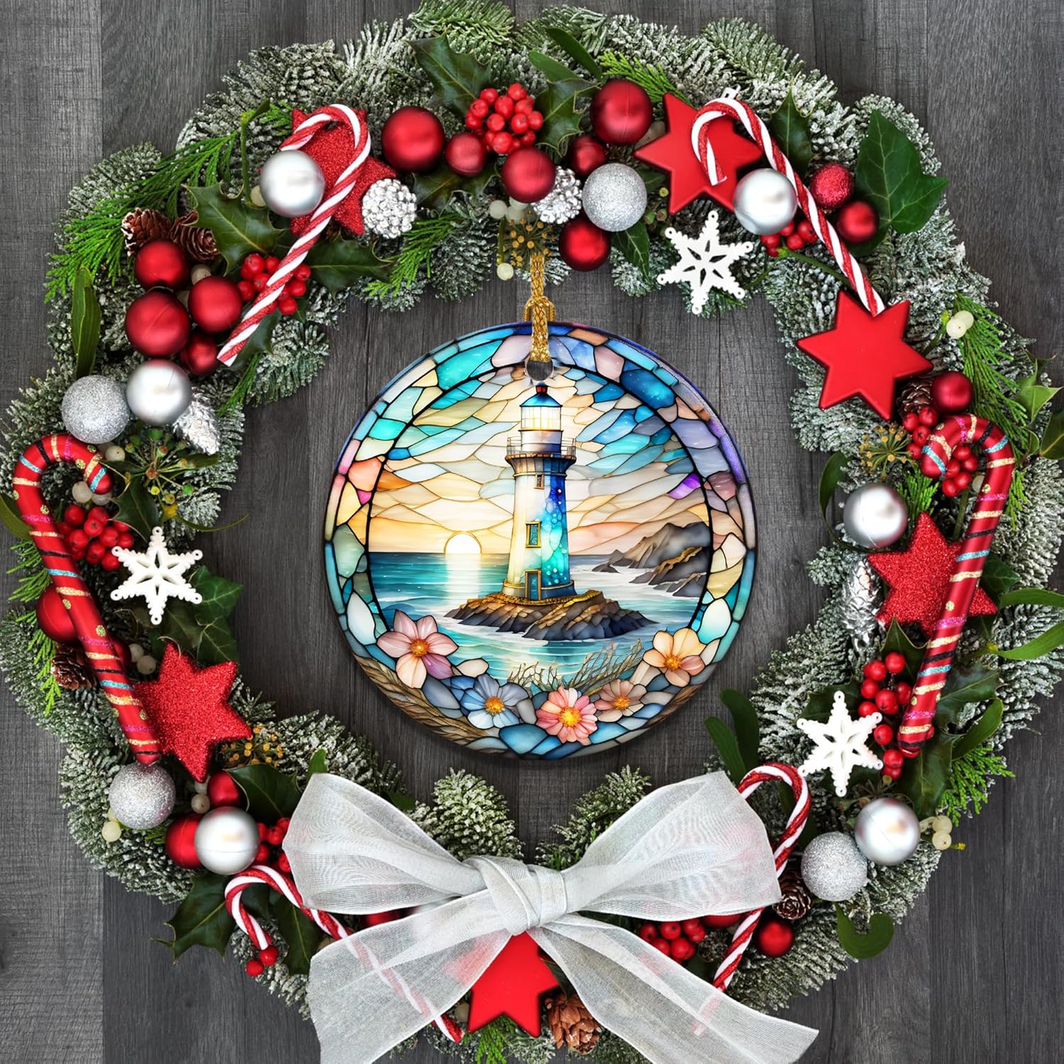 Stained Ceramic Lighthouse Ornament - Christmas Tree Ornaments - Christmas Decorations - Lighthouse Decor for Office, Room, Home - Holiday Present Ideas