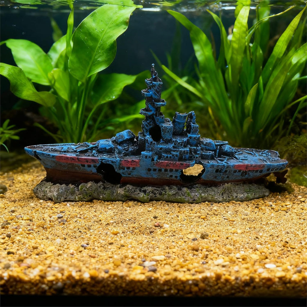 Shipwreck Aquarium Decor, Resin Fish Tank Ornament, Realistic Sunken Ship for Fish Hideout & Underwater Landscaping (Blue)