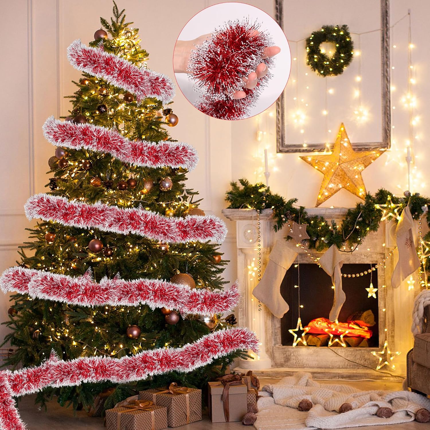 50 Feet Red White Christmas Tinsel Garland Christmas Decorations, Thick Metallic Twist Shiny Hanging Tinsel Garlands for Xmas Tree Decor Stairs Mantle Fireplace Home Indoor Holiday Party Supplies