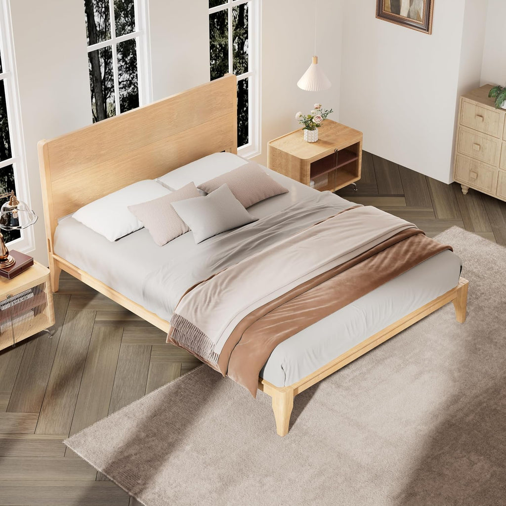 Merax Mid Century Bed Frame Queen Size with Headboard, Bamboo Wood Queen Platform Bed Frame with Wood Slat, Heavy Duty Steel Center Beam for Support, Under Bed Storage, No Box Spring Needed, Natural