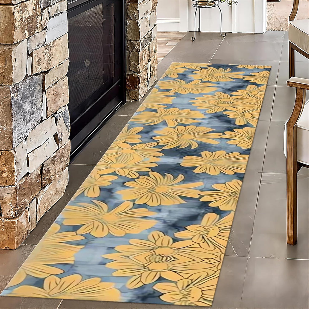 Yellow Chrysanthemum Long Hallway Rug Runners, 2.6x10ft, Modern Yellow Gray Print Carpets, Cozy Washable Durable Runner Rug, Non Skid Absorbent Non-Shedding Rugs for Family Entrance
