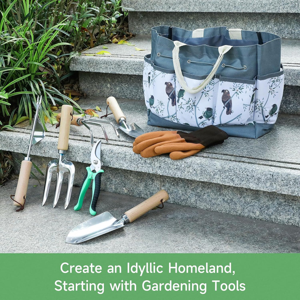 9-Piece Gardening Tools Set - Complete Gardening Kit with Heavy-Duty Stainless Hand Tools, Durable Storage Bag with Garden Accessories, Ideal Gardening Gifts for Women, Men, Gardeners