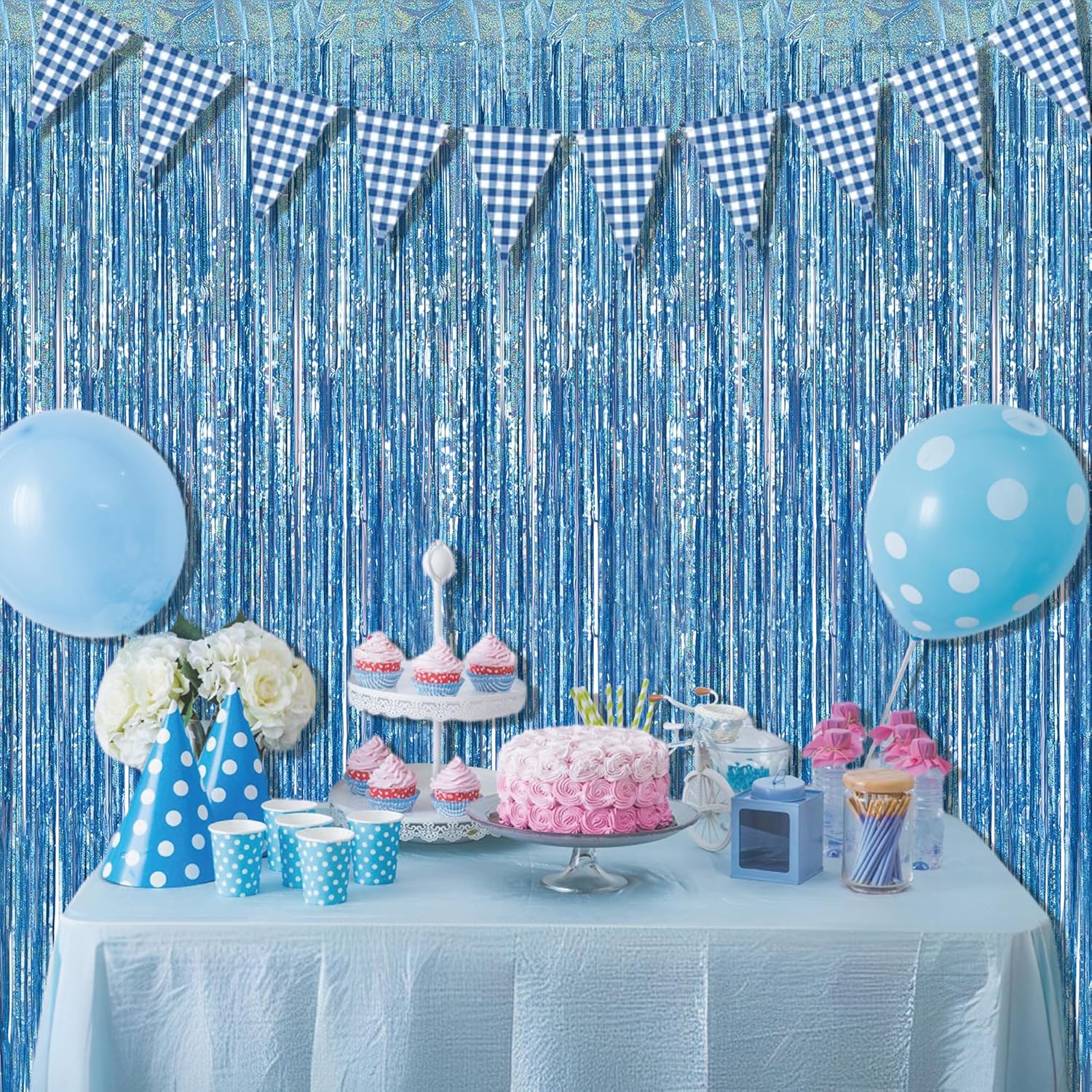 BRAVESHINE Light Blue Tinsel Foil Fringe Curtains - 2Pcs 3.2x8.2 ft Metallic Holiday Streamers Backdrop for Christmas/Winter’s Snowflake/Frozen/Birthdays/Mermaid/Bachelorette/Engagement Party Decor