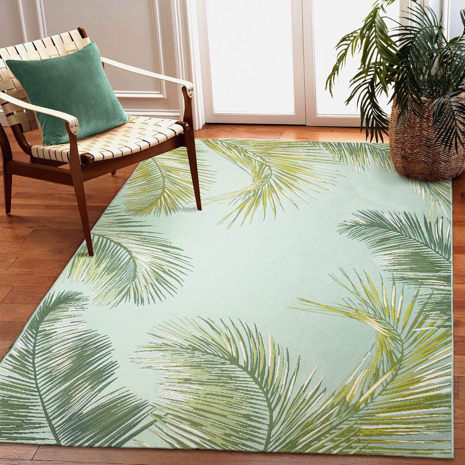 Liora Manne Marina Indoor/Outdoor Power Loomed Synthetic Blend Low Profile Area Rug - Transitional Border Botanical Beach Colorful (Palm Border Aqua) (6'6" x 9'4")