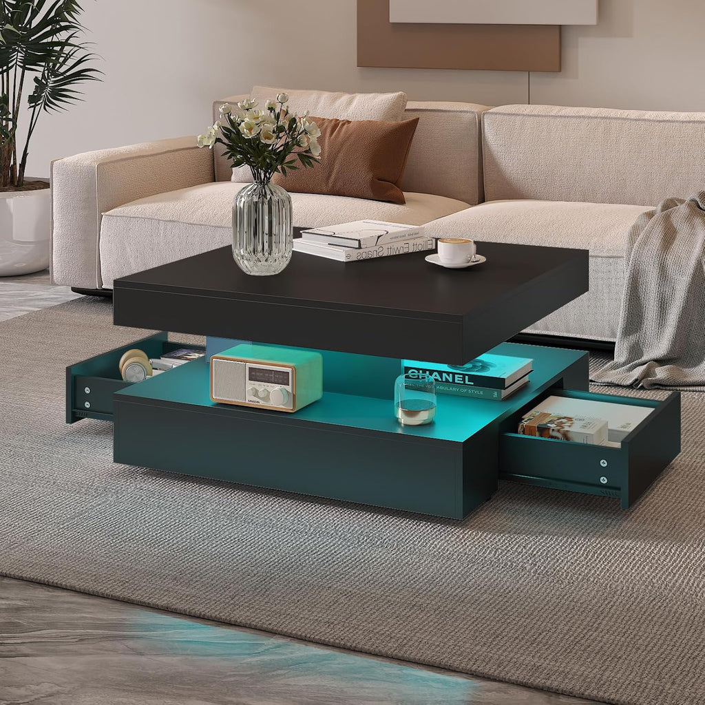 Black LED Coffee Table with 2 Storage Drawers for Living Room Square Center Middle Table Modern Cocktail Table with Light 2-Tier Tea Tables Contemporary Mid Century Wood Home Office Waiting Room