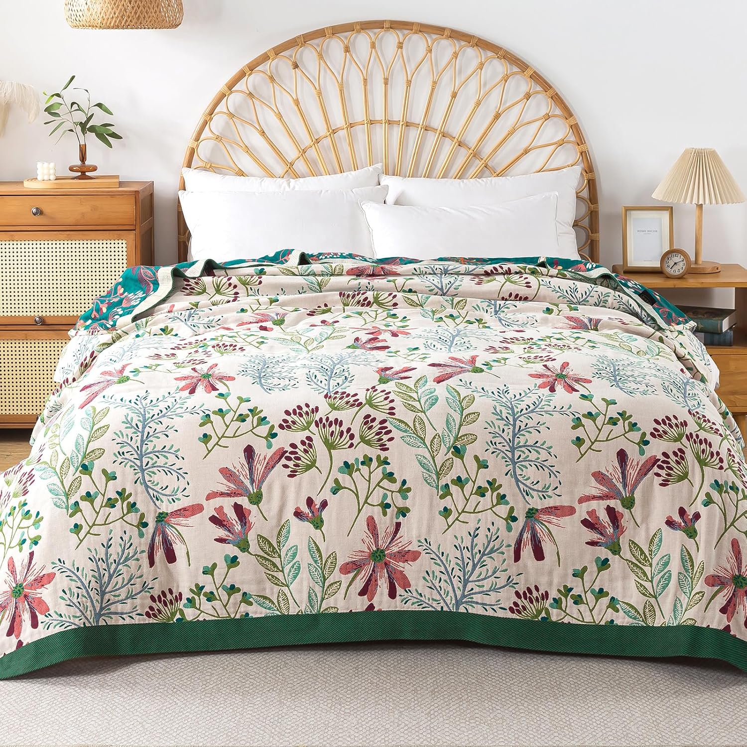 Boho Throw Blanket for Bed, 100% Pure Cotton Ultra Soft Rustic Quilt, Farmhouse Decor Bed Blankets, All Season Rustic Throw for Sofa Couch Chair(91"x 98", Boho Floral)
